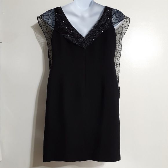 SL Fashions Black Formal Mini Dress w/Attached Scarf 14 GUC - Picture 6 of 11